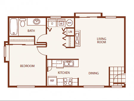 Floor plan for 1 bed, 1 bath, 679 sqft